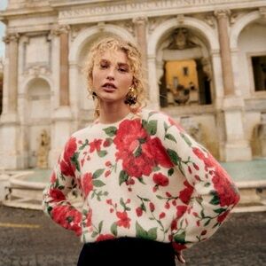 Sezane Floral Crew Neck Sweater - Red and Cream